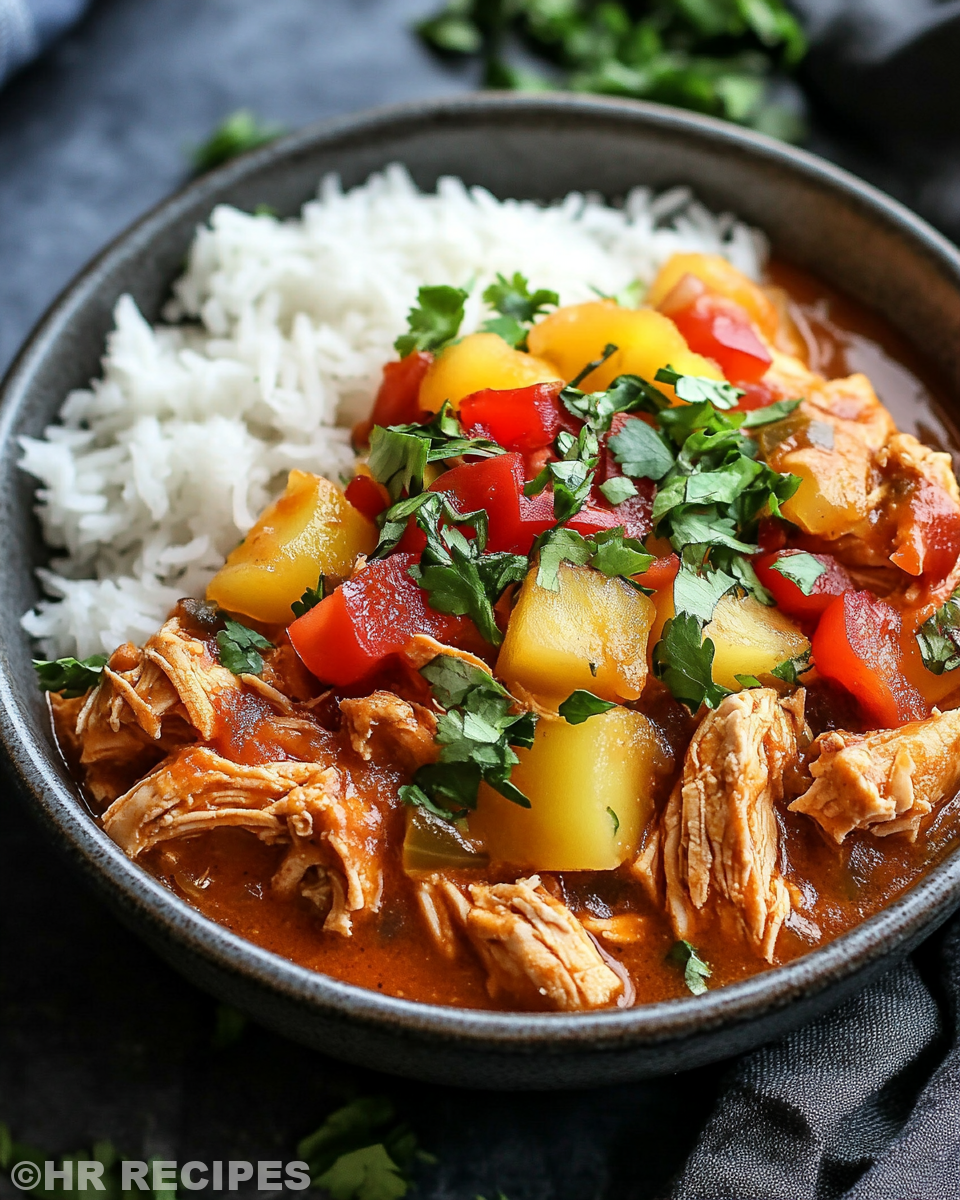 Serving of slow cooker Hawaiian chicken with pineapple sauce on plate