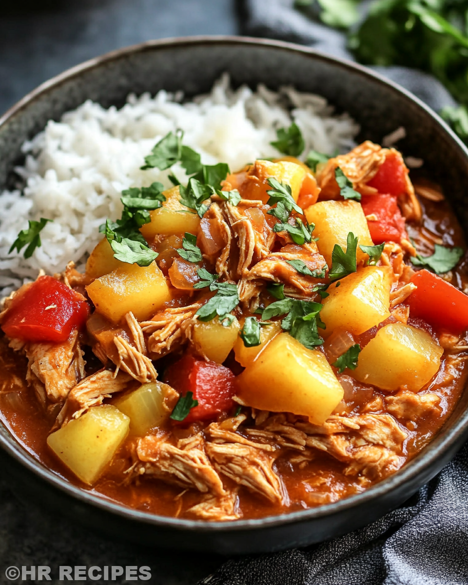 Slow cooker Hawaiian chicken bubbling in pressure cooker with pineapple sauce