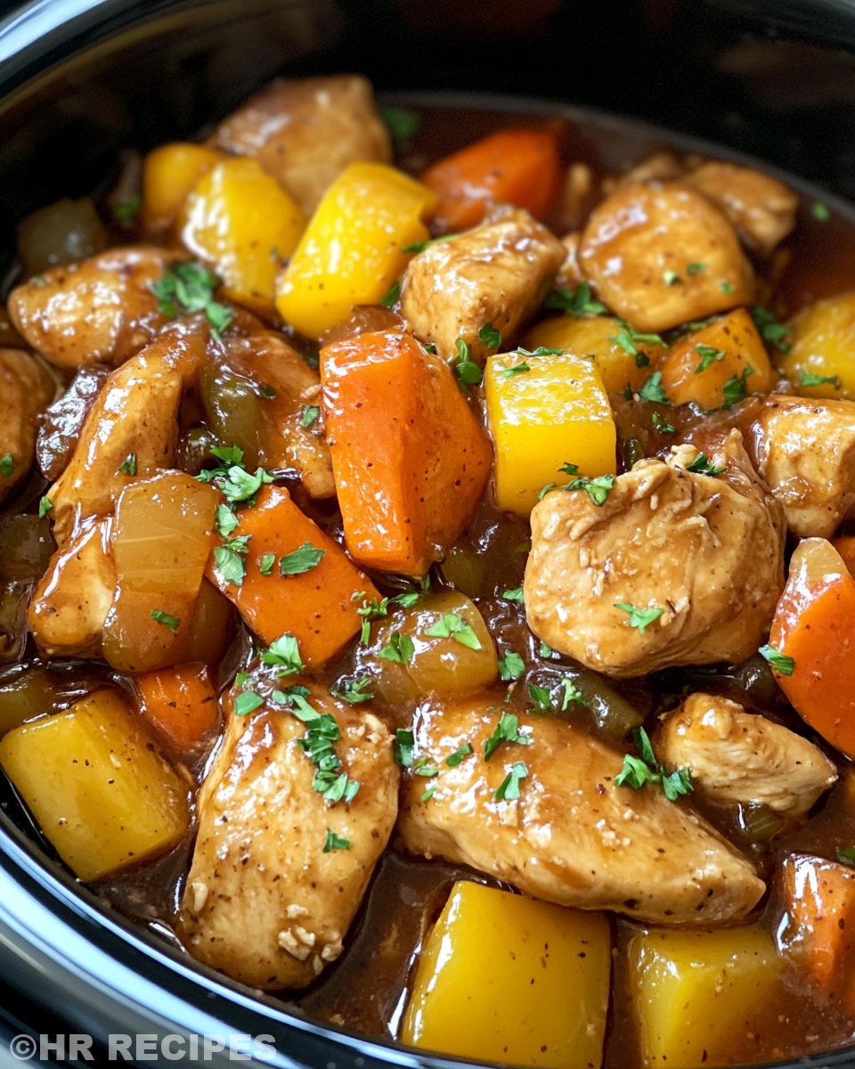 Ingredients layered in slow cooker for honey garlic chicken and veggies