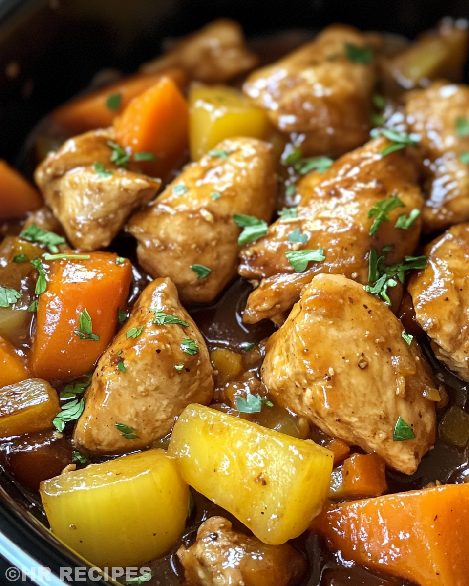 Slow cooker beginning to cook honey garlic chicken and veggies