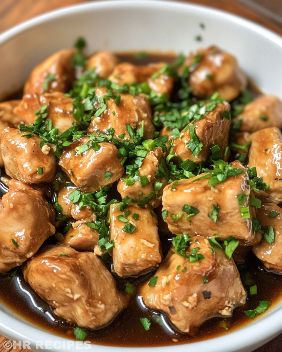 Close up of finished honey garlic chicken garnished with sesame seeds