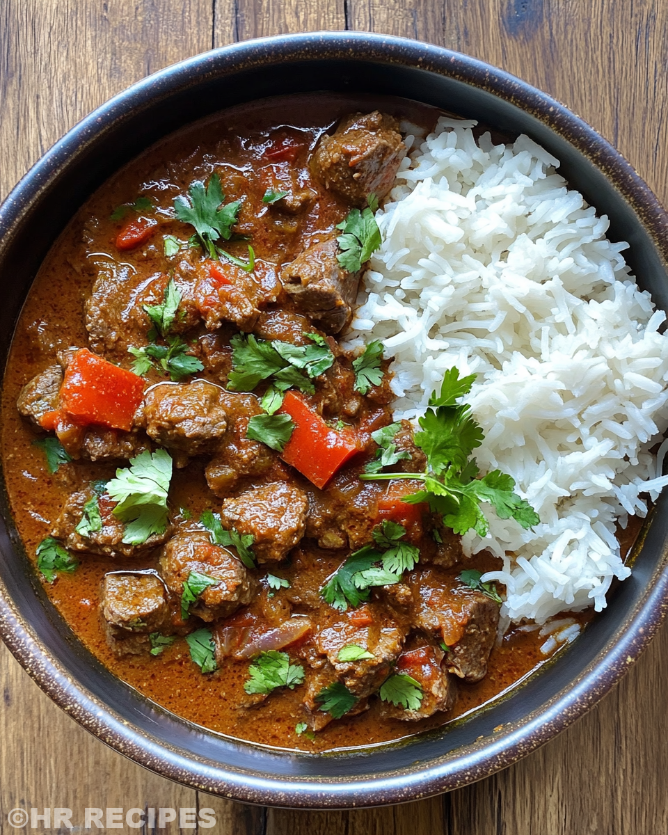 Close up of slow cooker Indian beef curry ready to eat