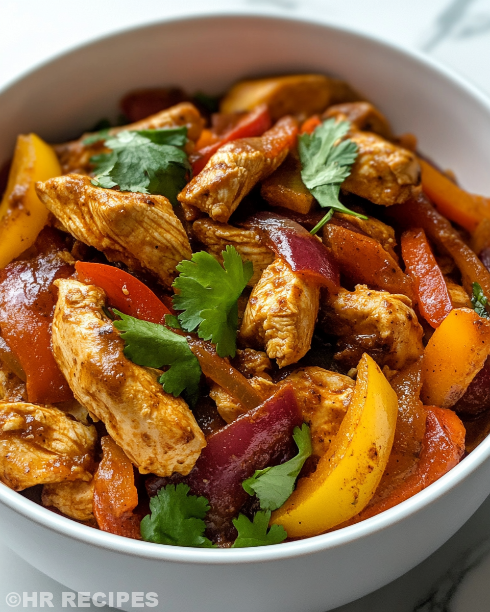 Ingredients for chicken fajitas including sliced chicken, peppers, onion, and seasoning laid out before cooking