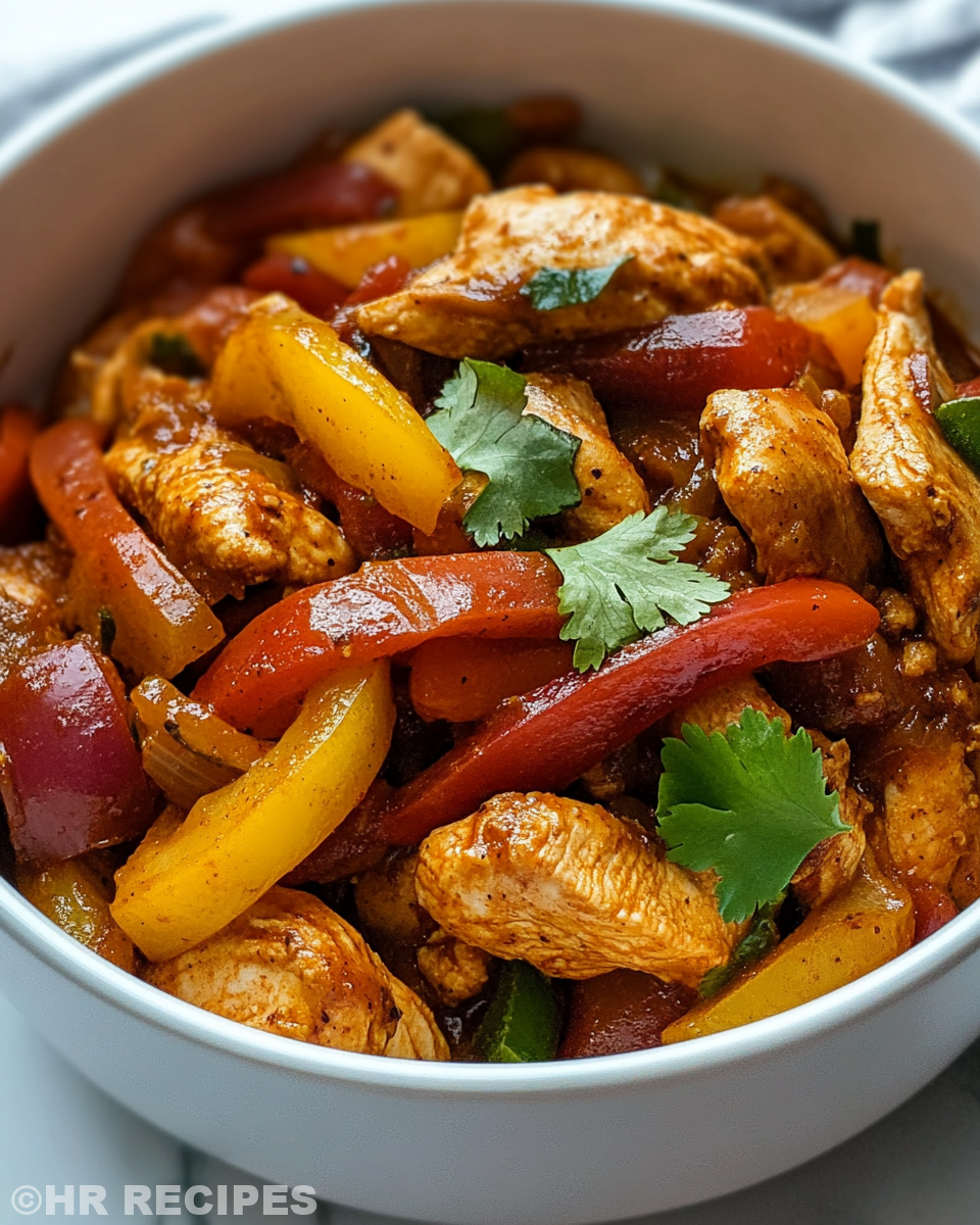 Juicy cooked chicken fajitas served hot with colorful bell peppers on a plate