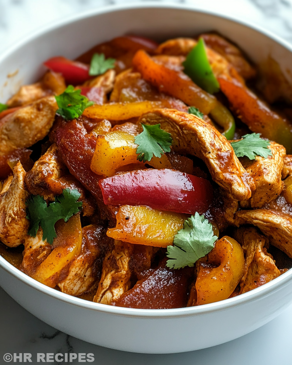 Instant Pot with chicken fajitas in colorful bell peppers and sliced chicken
