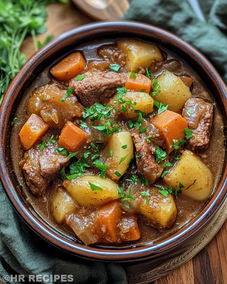Slow cooker Irish Dublin Coddle cooking with hearty ingredients layered