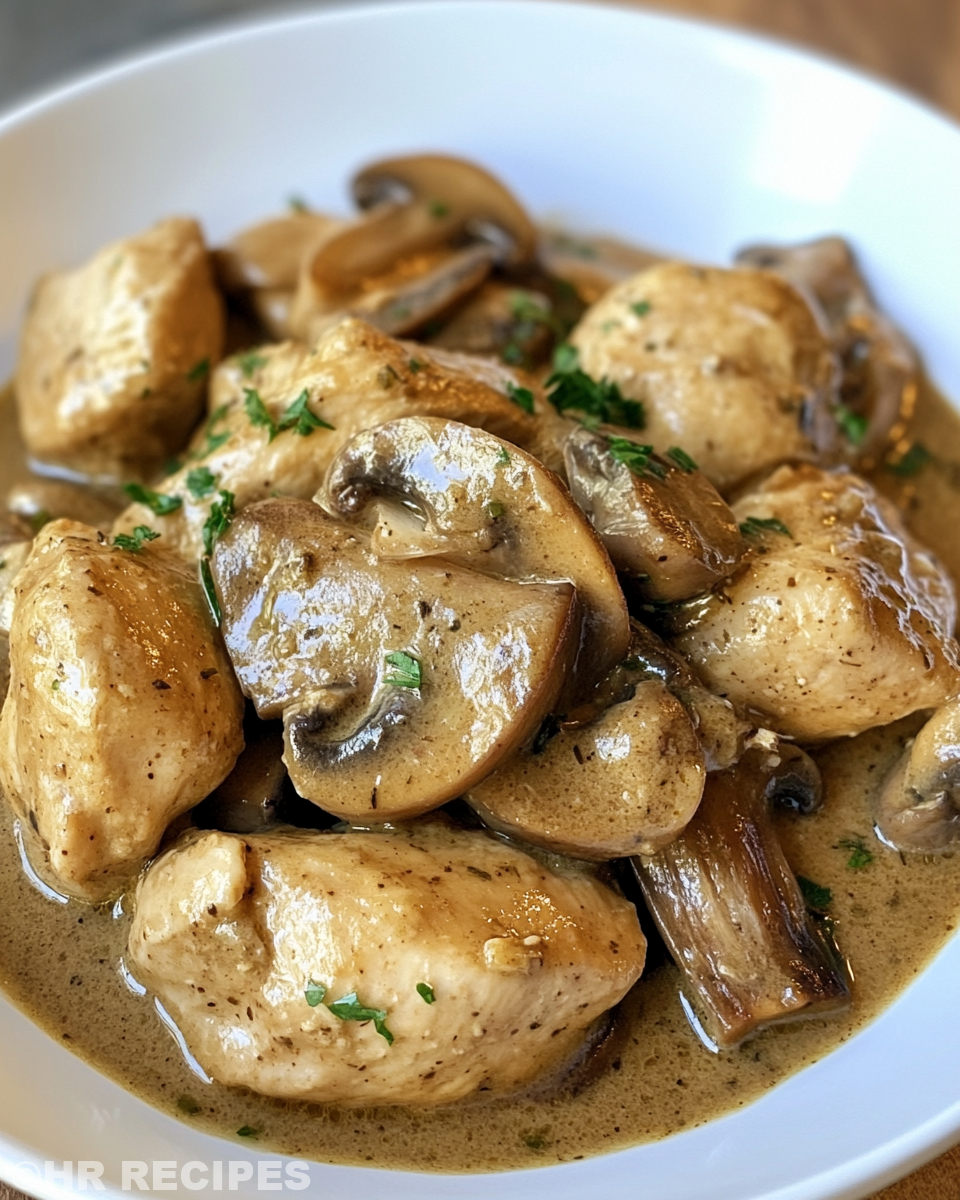 Serving of creamy mushroom chicken with mushrooms on plate