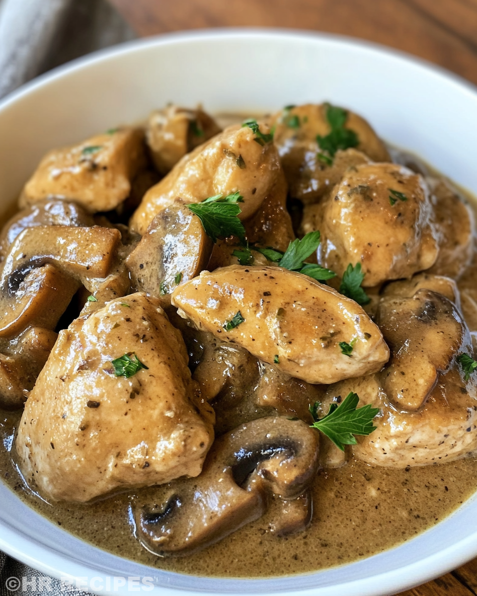 Creamy mushroom chicken slow cooker meal in pot