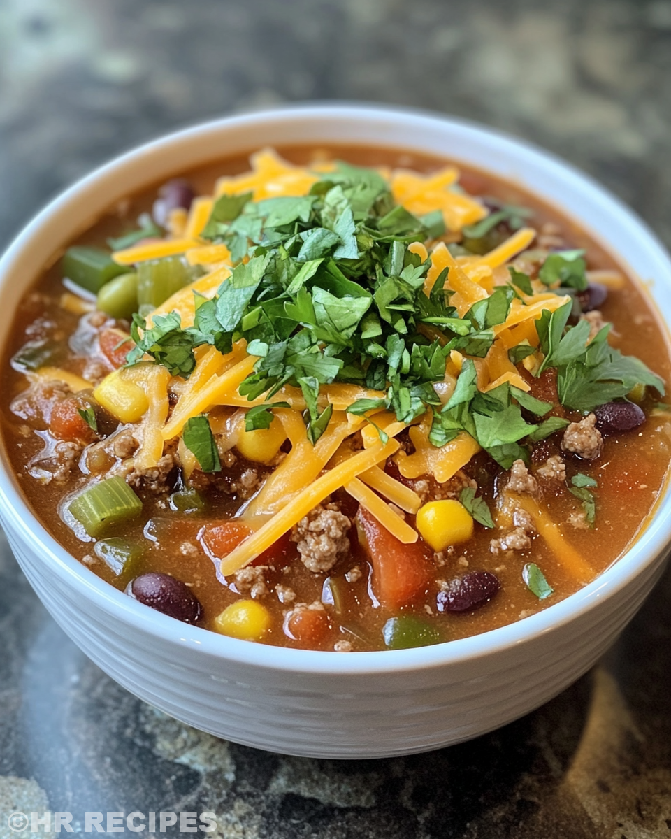 Ingredients and process of making slow cooker nacho soup with beef, cheese and spices