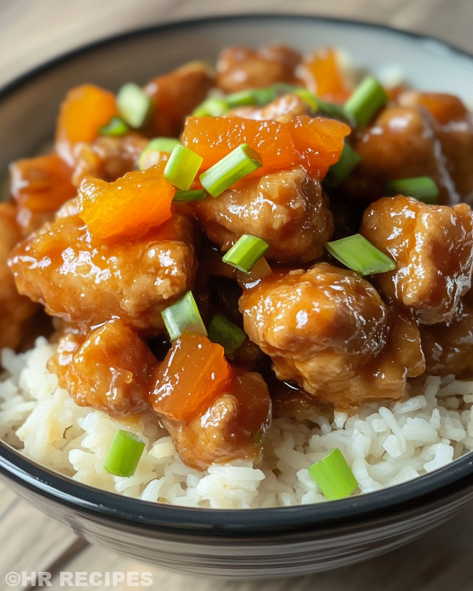 Final cooked slow cooker orange chicken served with sesame seeds and green onions