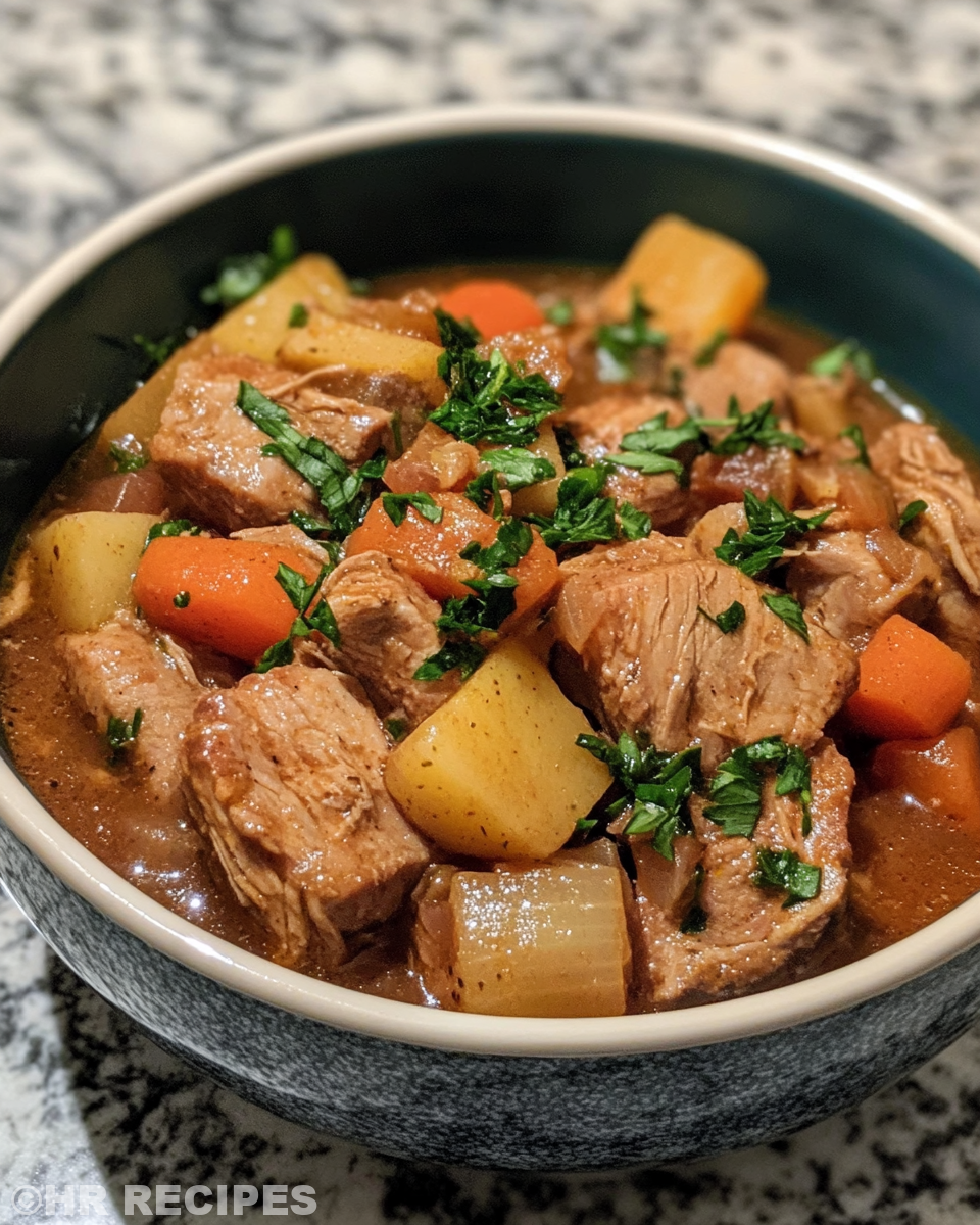 Served pressure cooker pork stew in bowl with gremolata topping