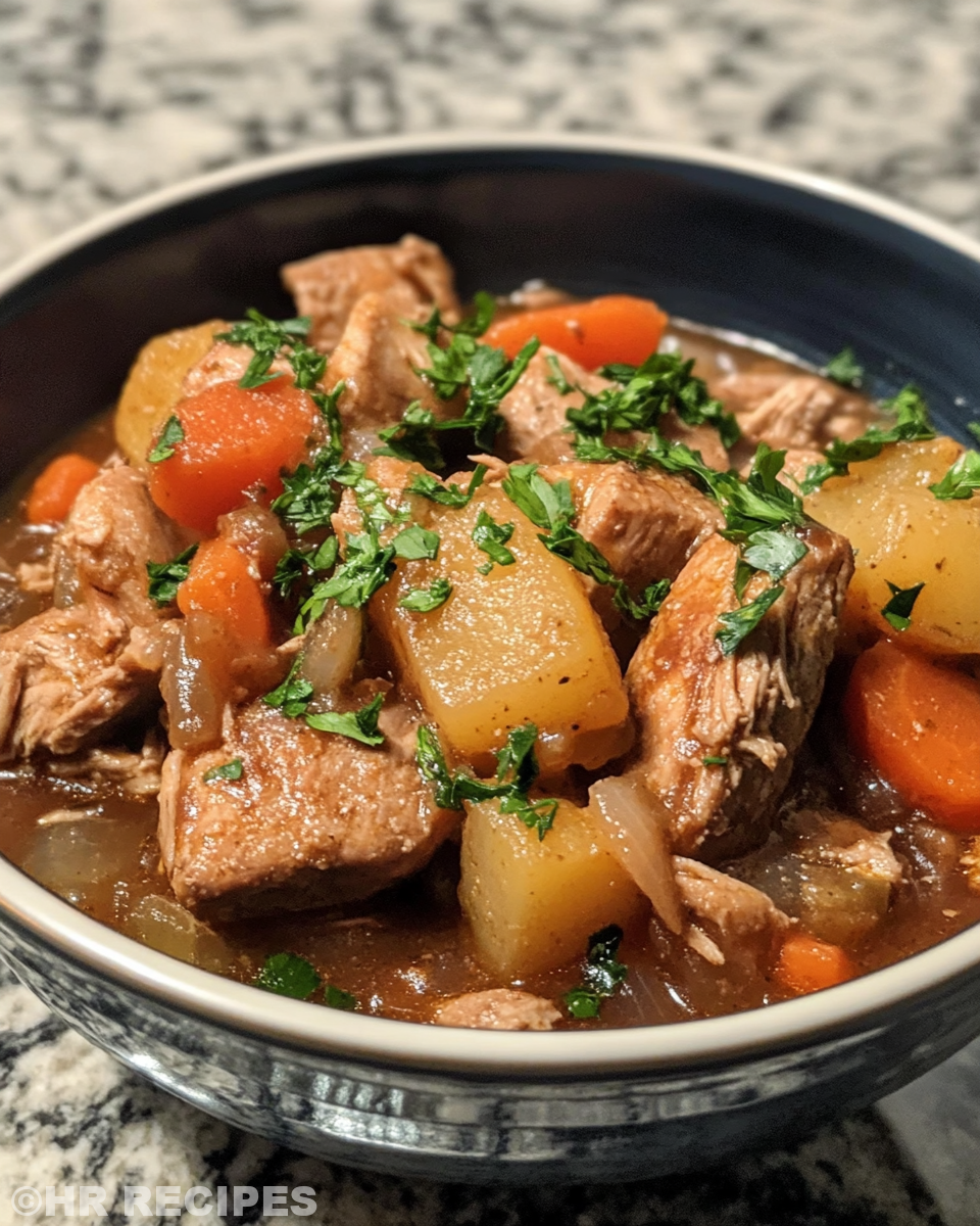 Close-up of pressure cooker pork stew building steam