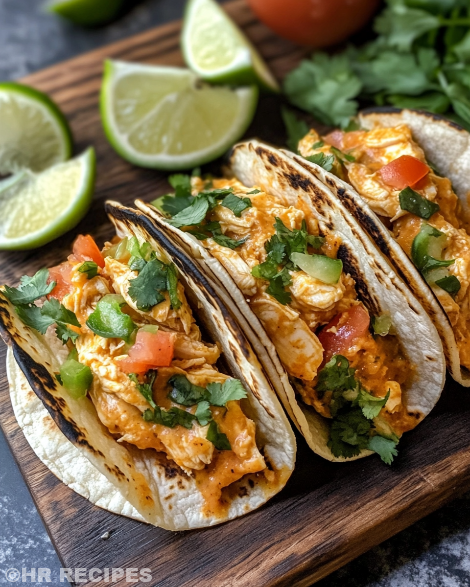 Slow cooker queso chicken tacos ready to serve in taco shells with fresh lettuce and tomatoes