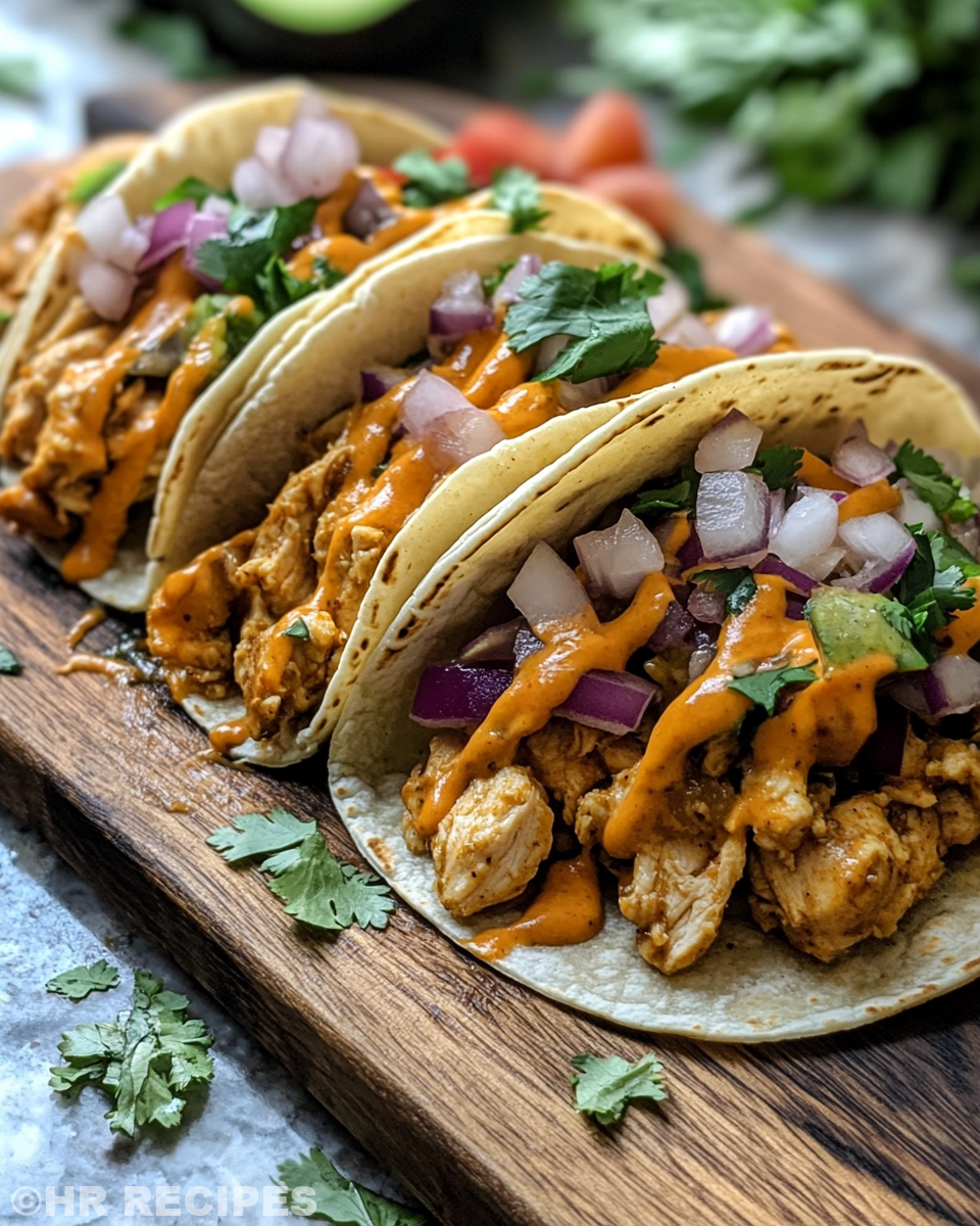 Final serving of slow cooker queso chicken tacos with fresh toppings