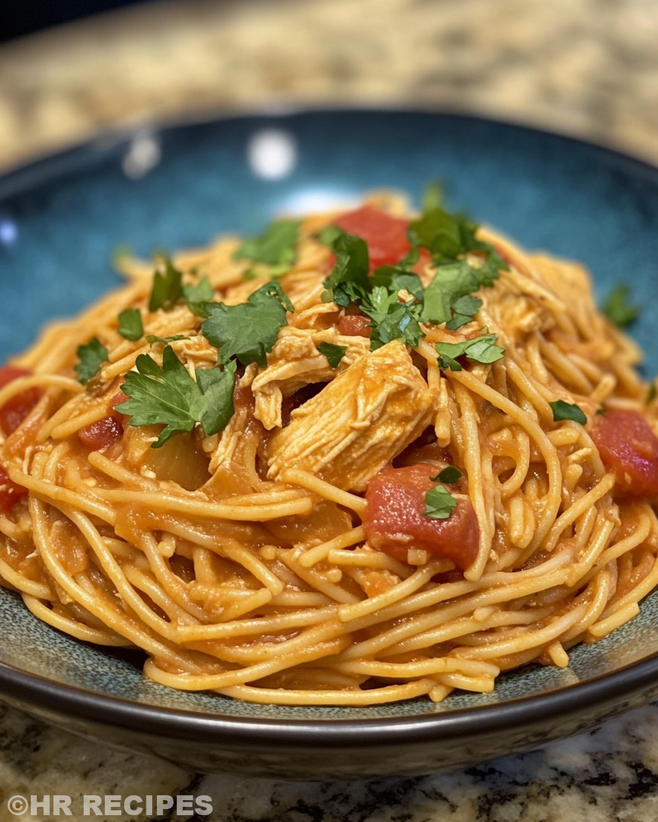 Cheesy chicken spaghetti served on plate with garnish