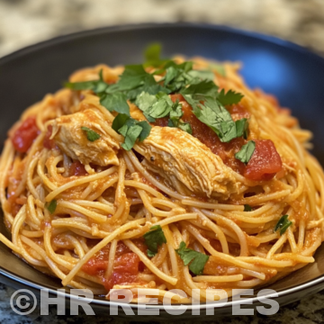 Slow Cooker Rotel Chicken Spaghetti taken with iphone 15 pro max --iw 2 --ar 4:5 --v 6.1 --raw