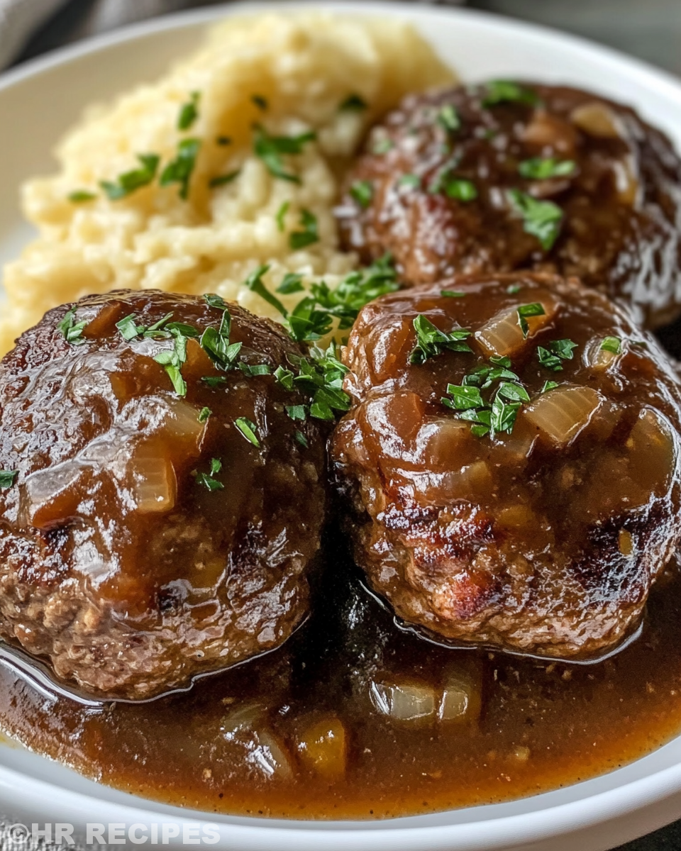 Slow cooker with Salisbury steak cooking and steam rising from valve