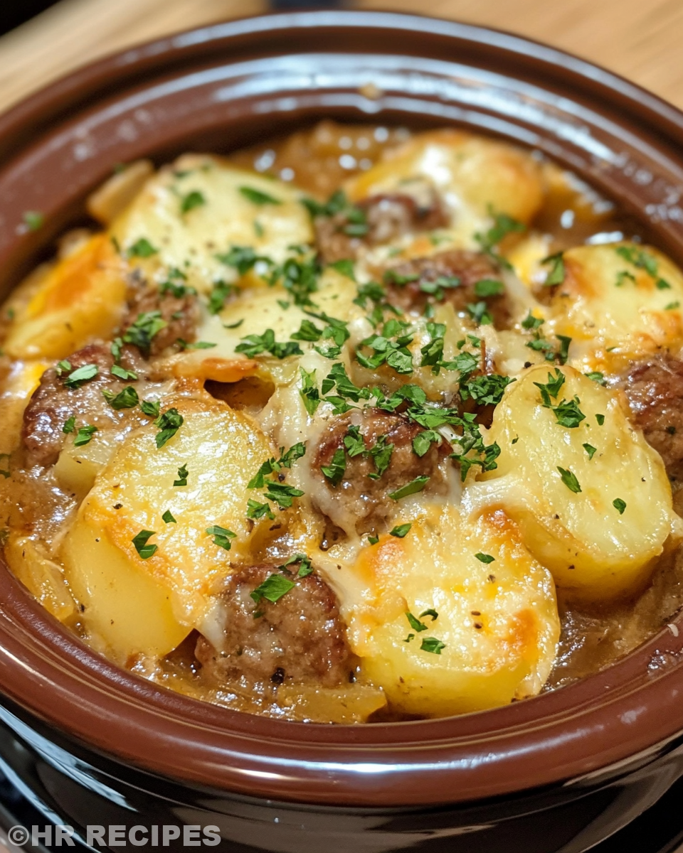 Ingredients layered in slow cooker for sausage and potato casserole