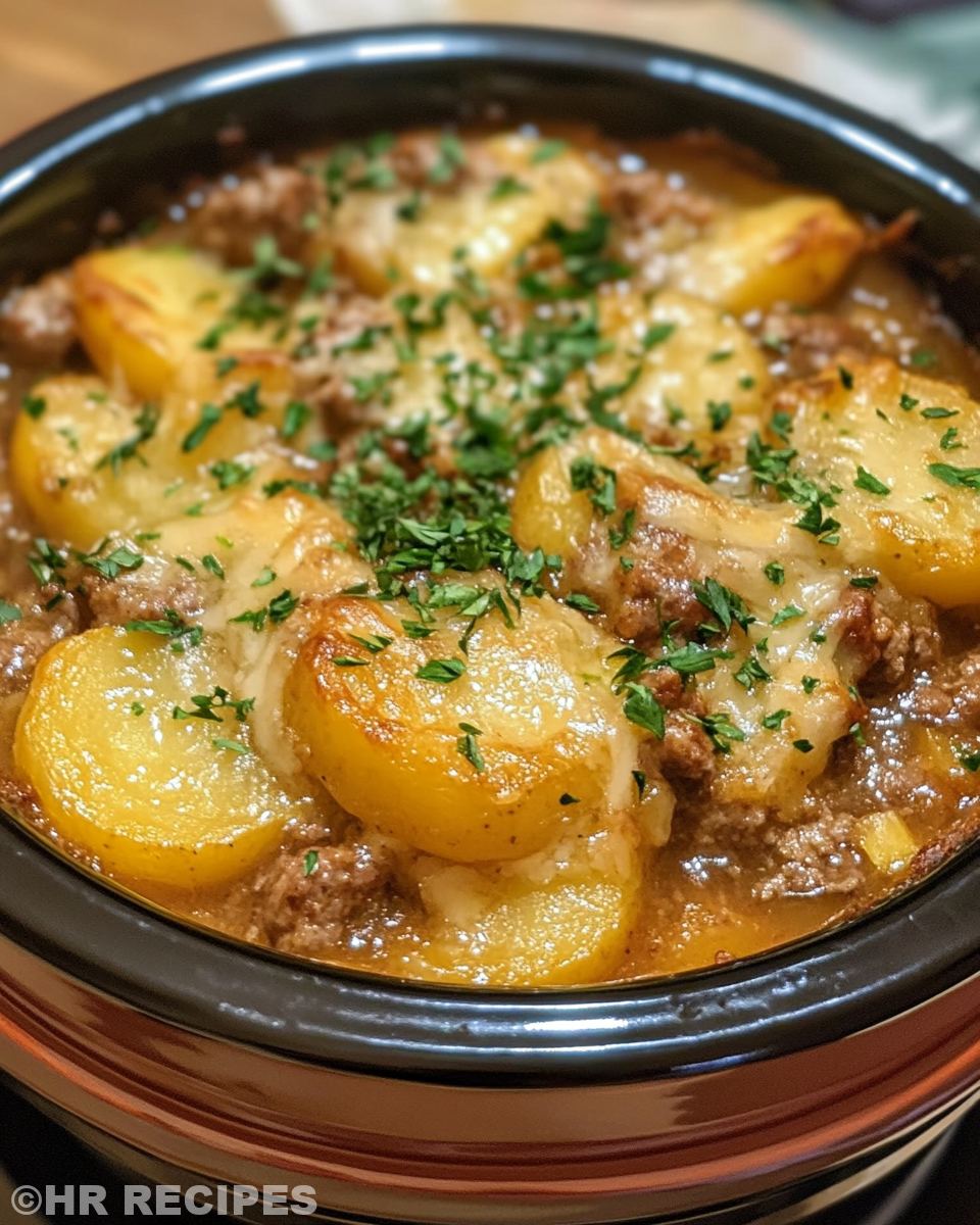 Served cheesy sausage potato casserole steaming on plate
