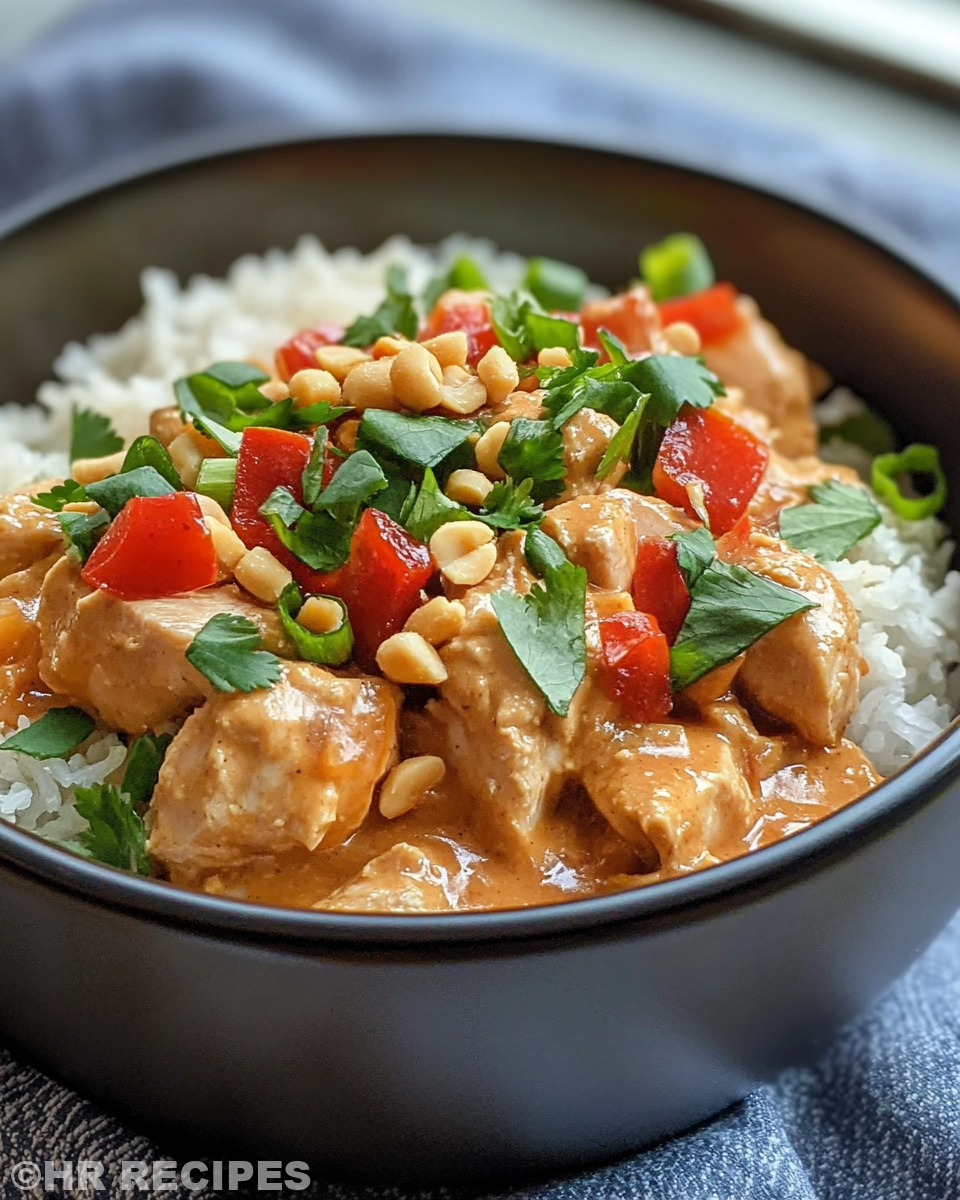 Serving of slow cooker Thai peanut chicken garnished with peanuts and cilantro