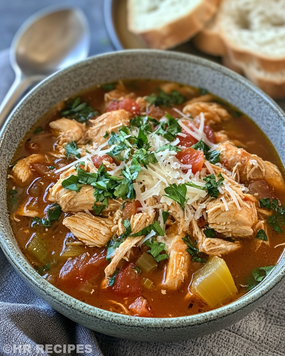 Served Tuscan chicken stew ready to eat in bowl