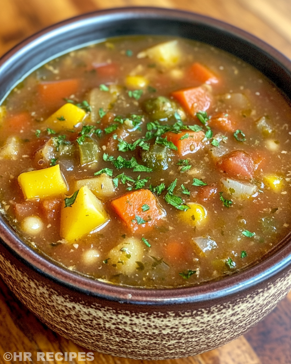 Serving of hearty slow cooker vegetable soup ready to eat