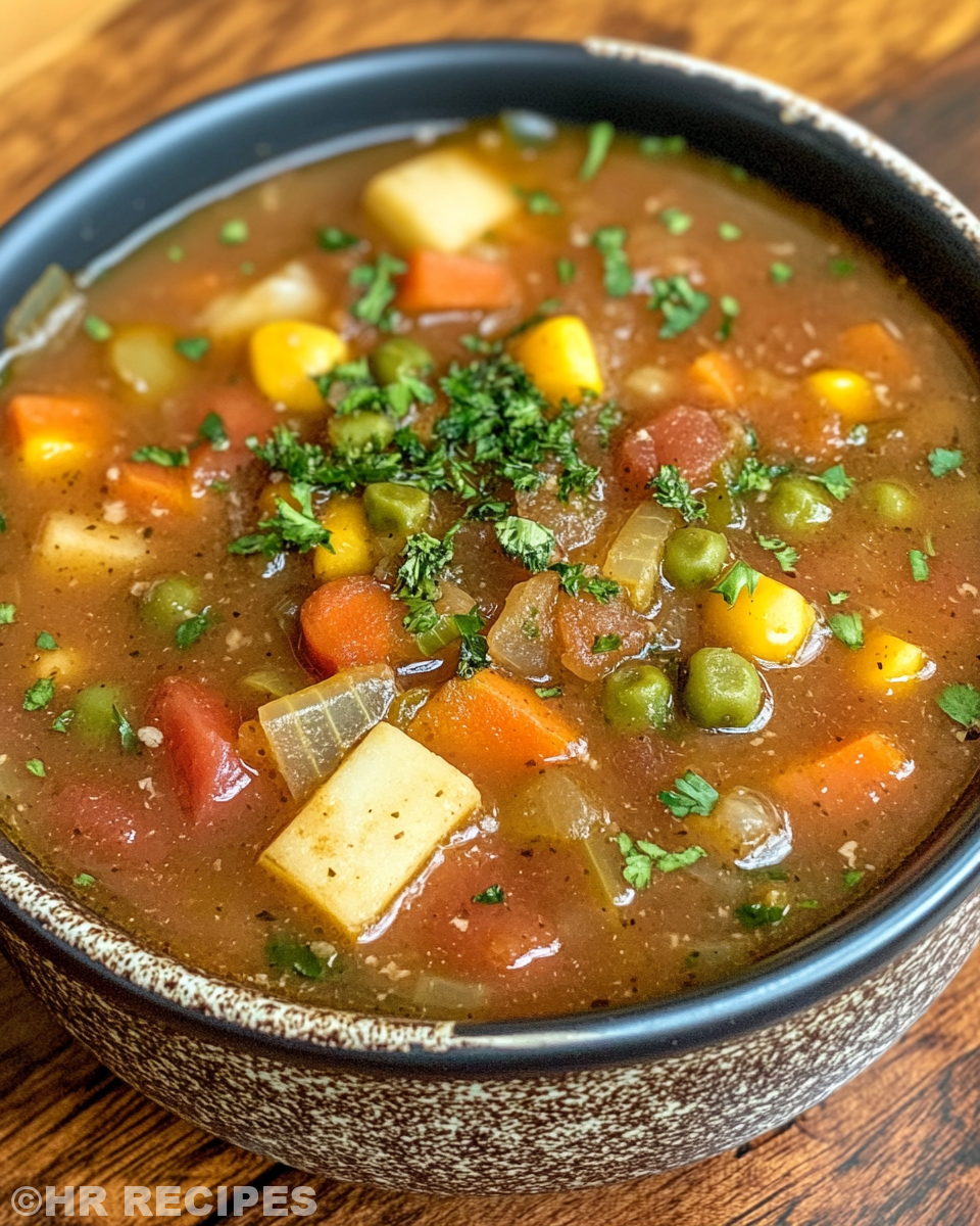 Steaming slow cooker vegetable soup simmering