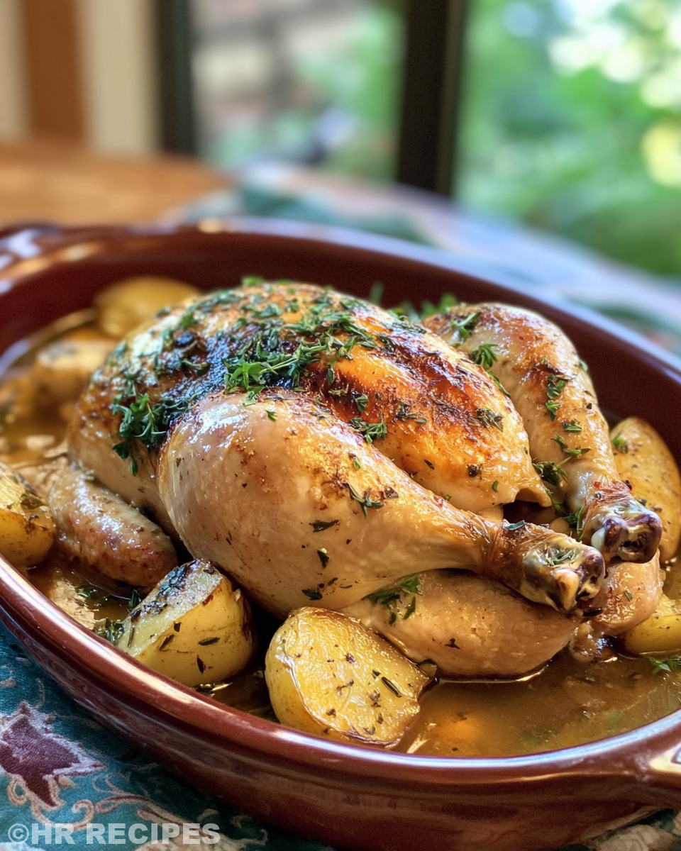 Slow cooker whole chicken with crispy skin and cooked vegetables ready to serve