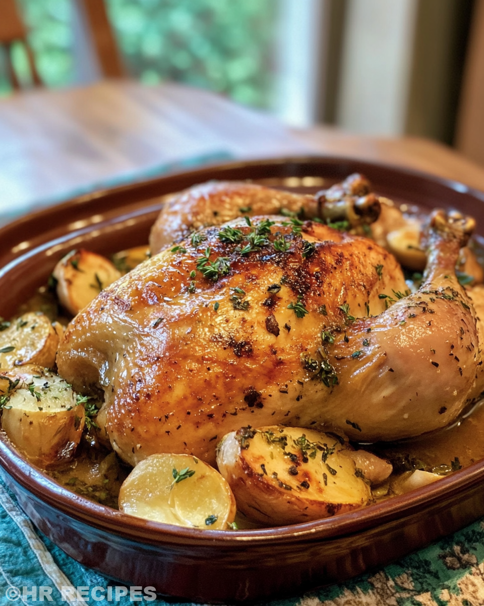 Whole chicken cooking in slow cooker with garlic and herbs
