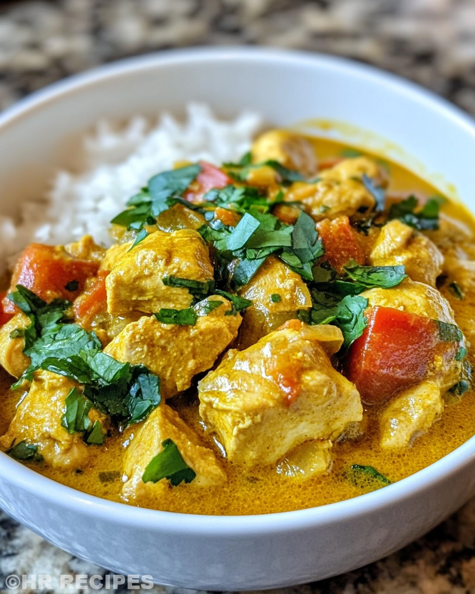 Yellow chicken curry ingredients including spices, chicken, and coconut milk