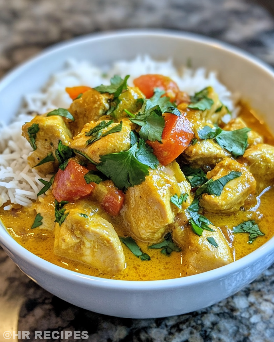 Steaming slow cooker yellow chicken curry in pot