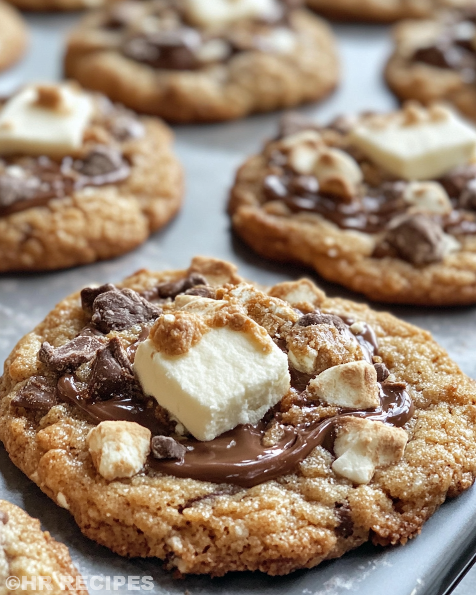 Stack of finished s’more cookies showing toasted marshmallow and chocolate melty inside