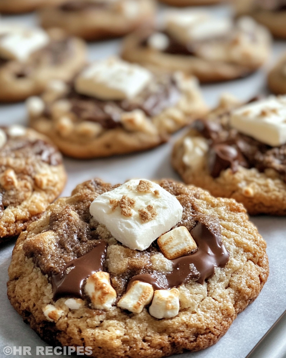 Freshly baked S’more cookies with gooey marshmallow centers steaming hot