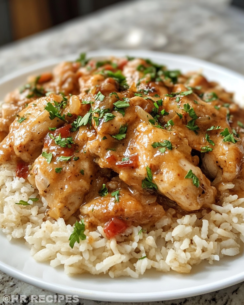 Tender and juicy smothered chicken served with creamy rice