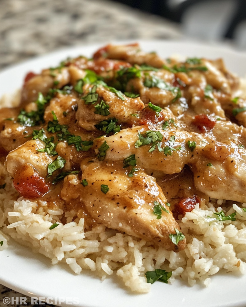 Freshly cooked smothered chicken and rice in a pressure cooker