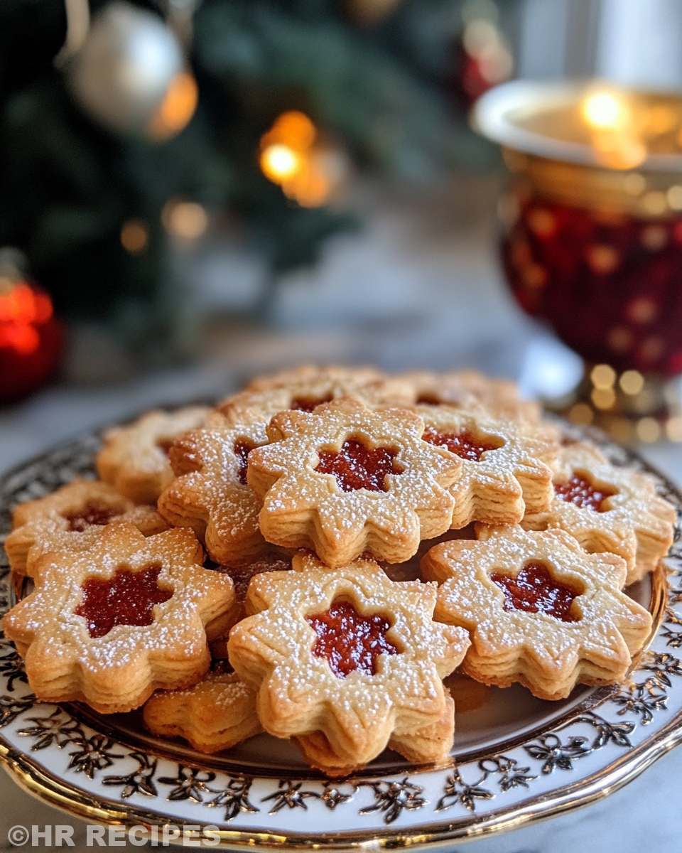 Finished soft Linzer cookies dusted with powdered sugar
