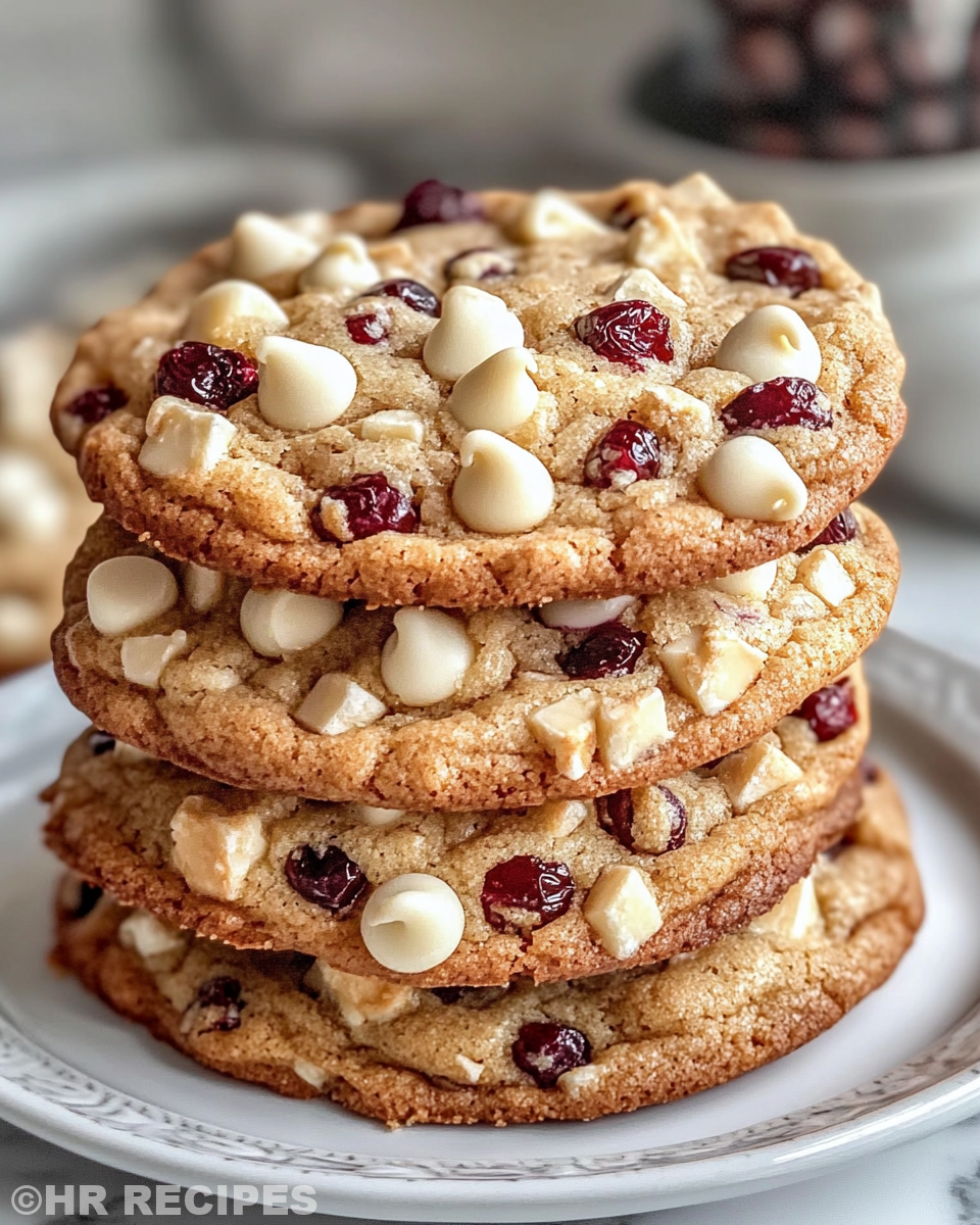 Chewy white chocolate chip cranberry cookie bars served on rustic plate