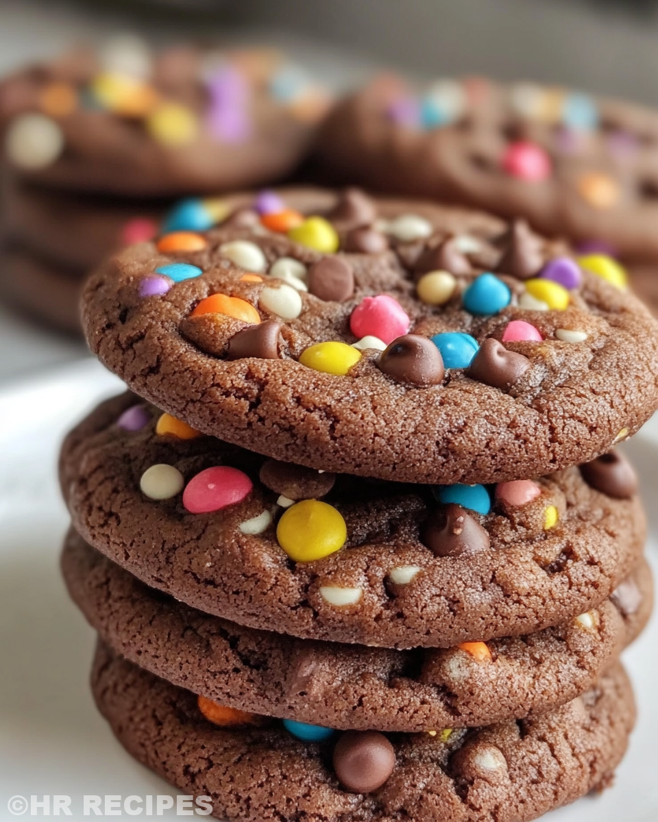 Ingredients and preparation steps for soft chocolate M&M cookies