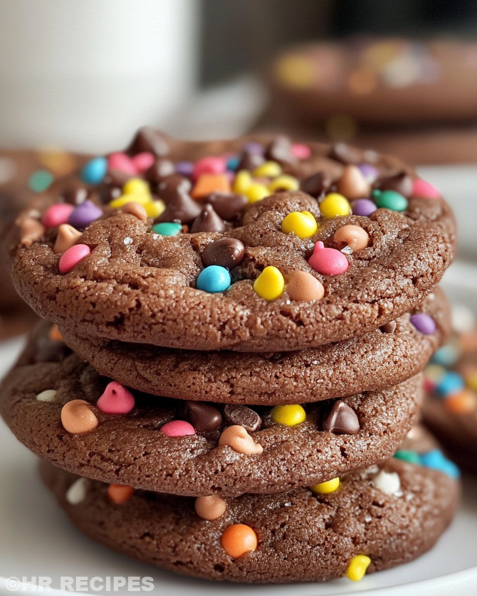 Close-up view of soft chocolate M&M cookies as finished result