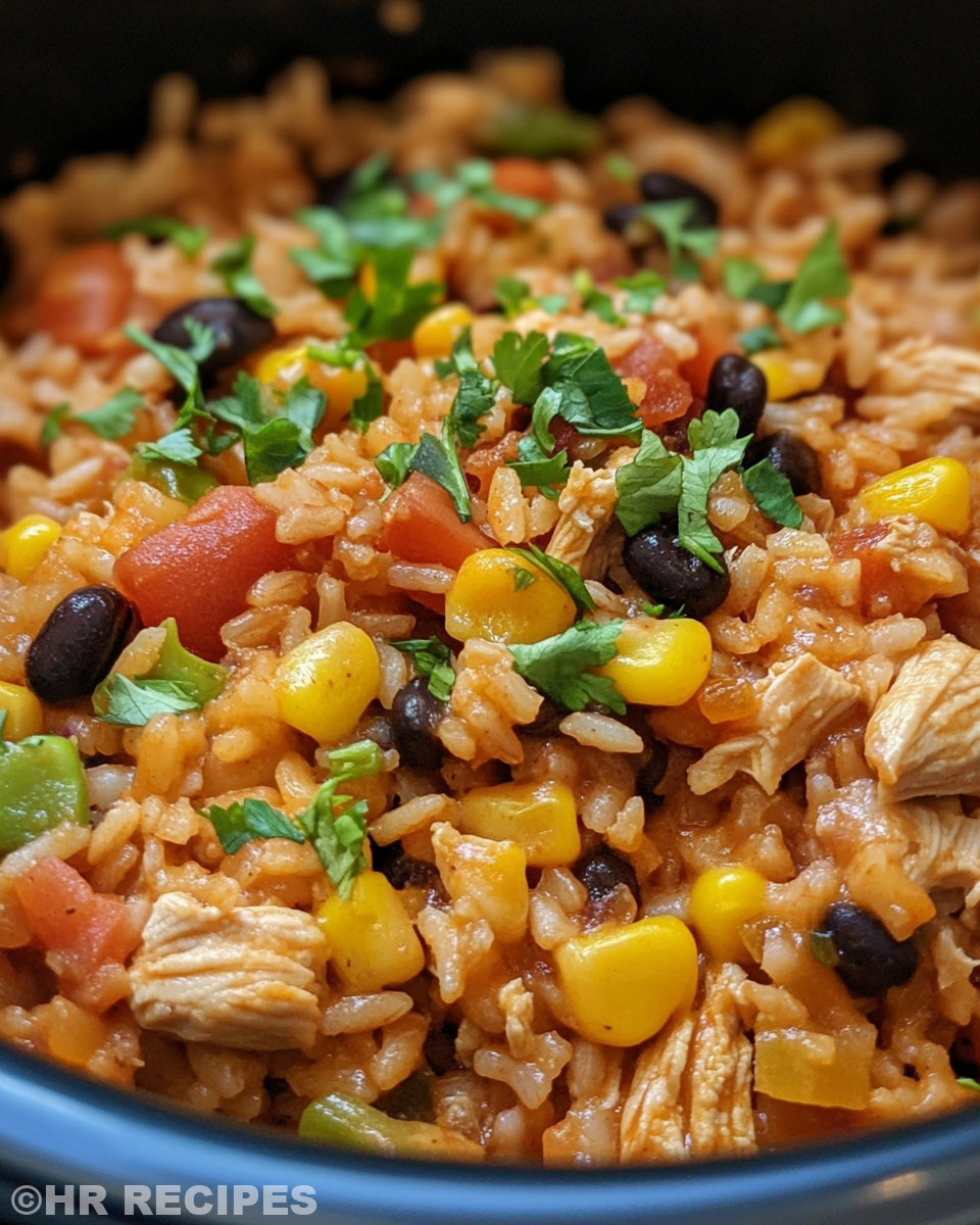 Mixing ingredients including black beans, corn, chiles in Crock-Pot for chicken and rice