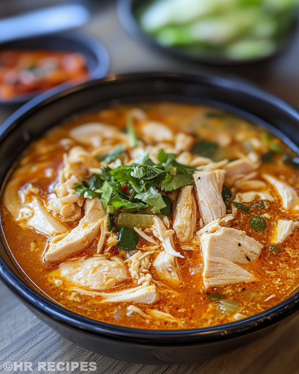 Bowl of creamy spicy chicken soup topped with chili flakes and fresh herbs ready to serve