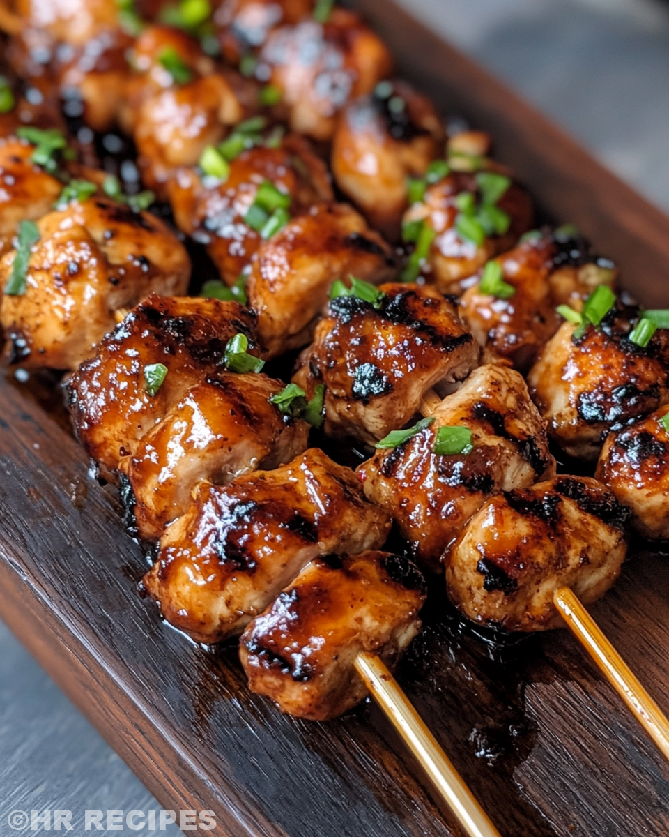 Finished sticky bourbon chicken skewers served on plate