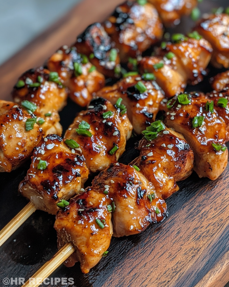 Close up of sticky bourbon chicken skewers cooking