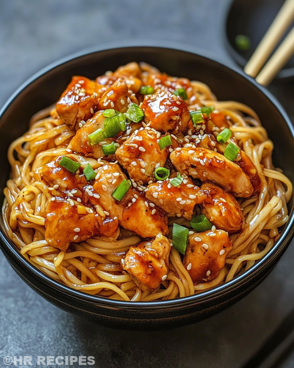 Served sticky garlic chicken noodles garnished with spring onions and chili flakes