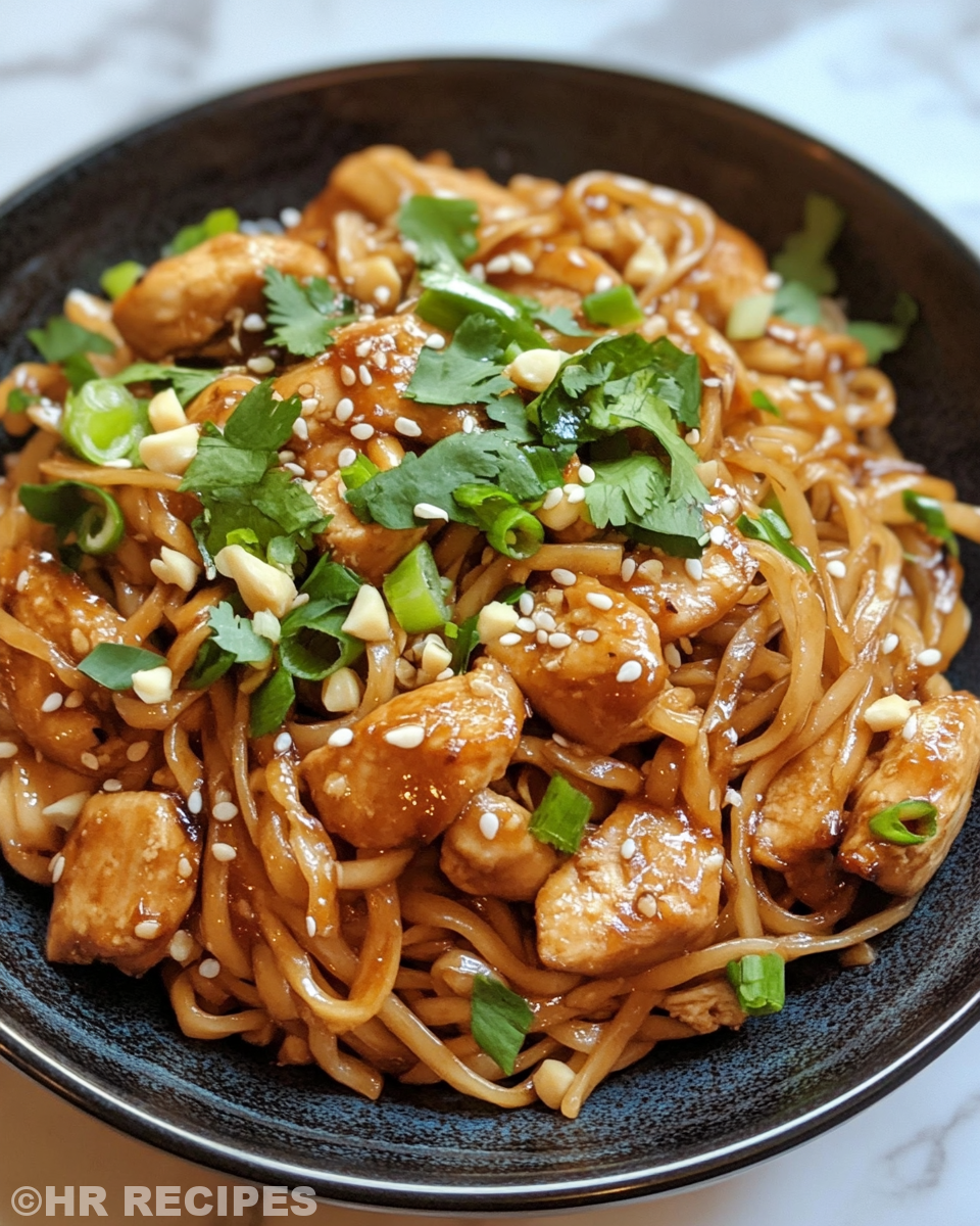 Final served sticky garlic chicken noodles on plate