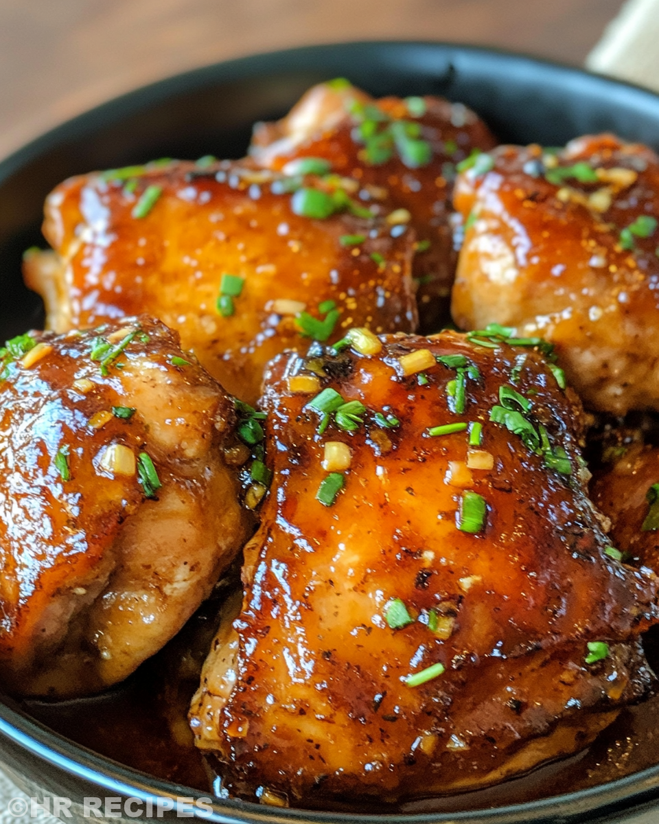 Fully cooked honey garlic chicken thighs served and garnished