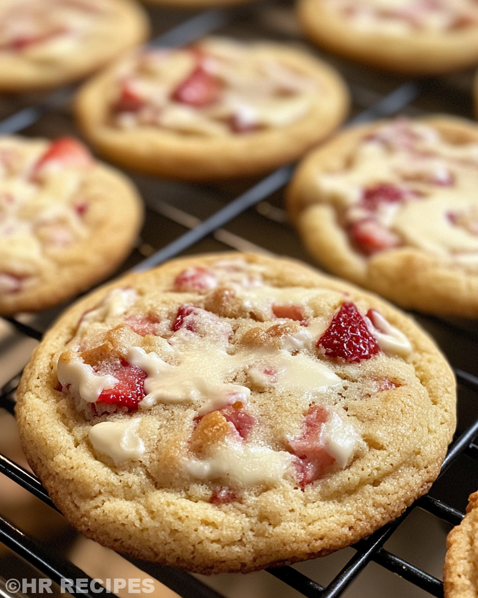 White chocolate chips folded into strawberry cheesecake cookie dough