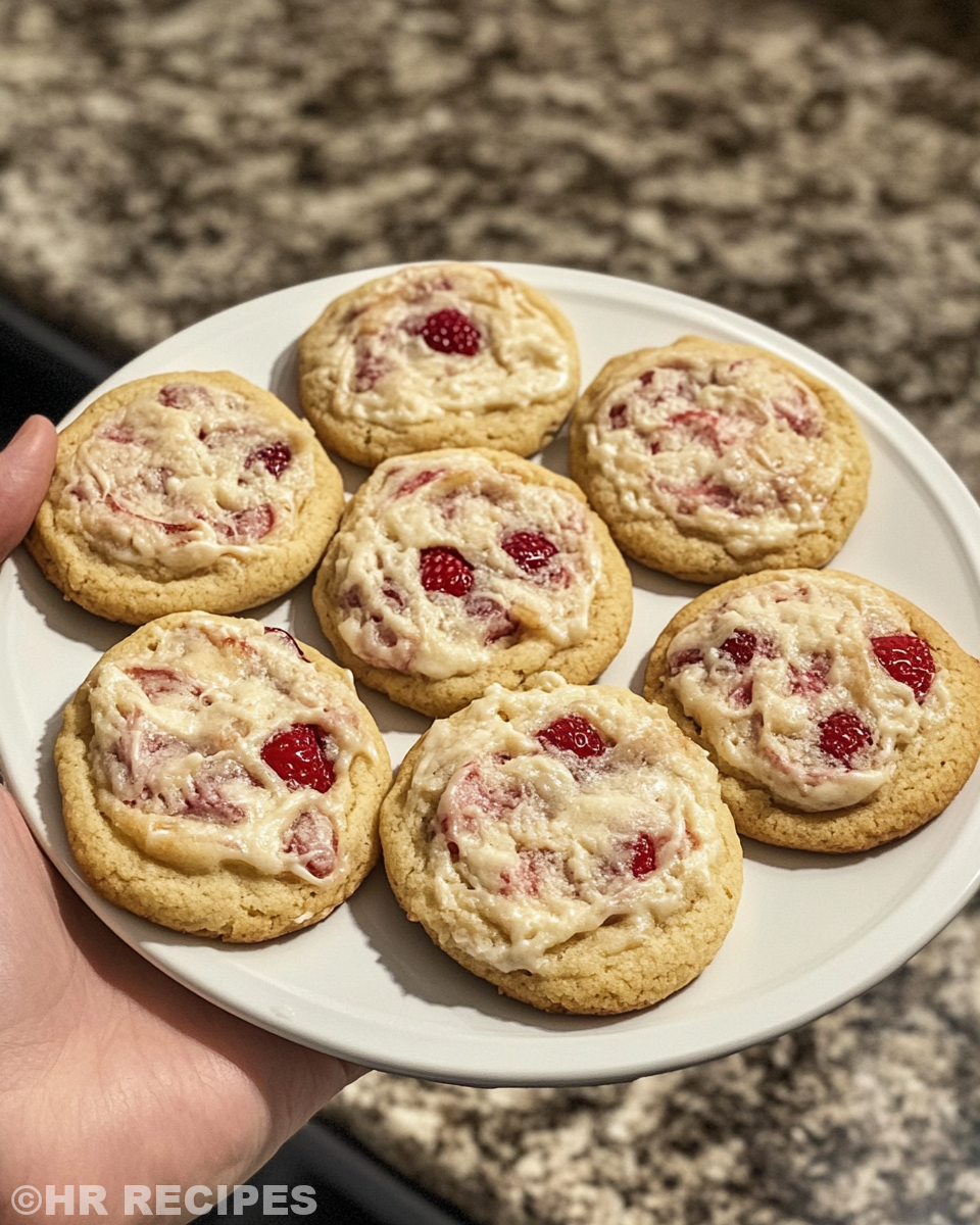 Close-up of freshly baked strawberry cheesecake cookies ready to eat