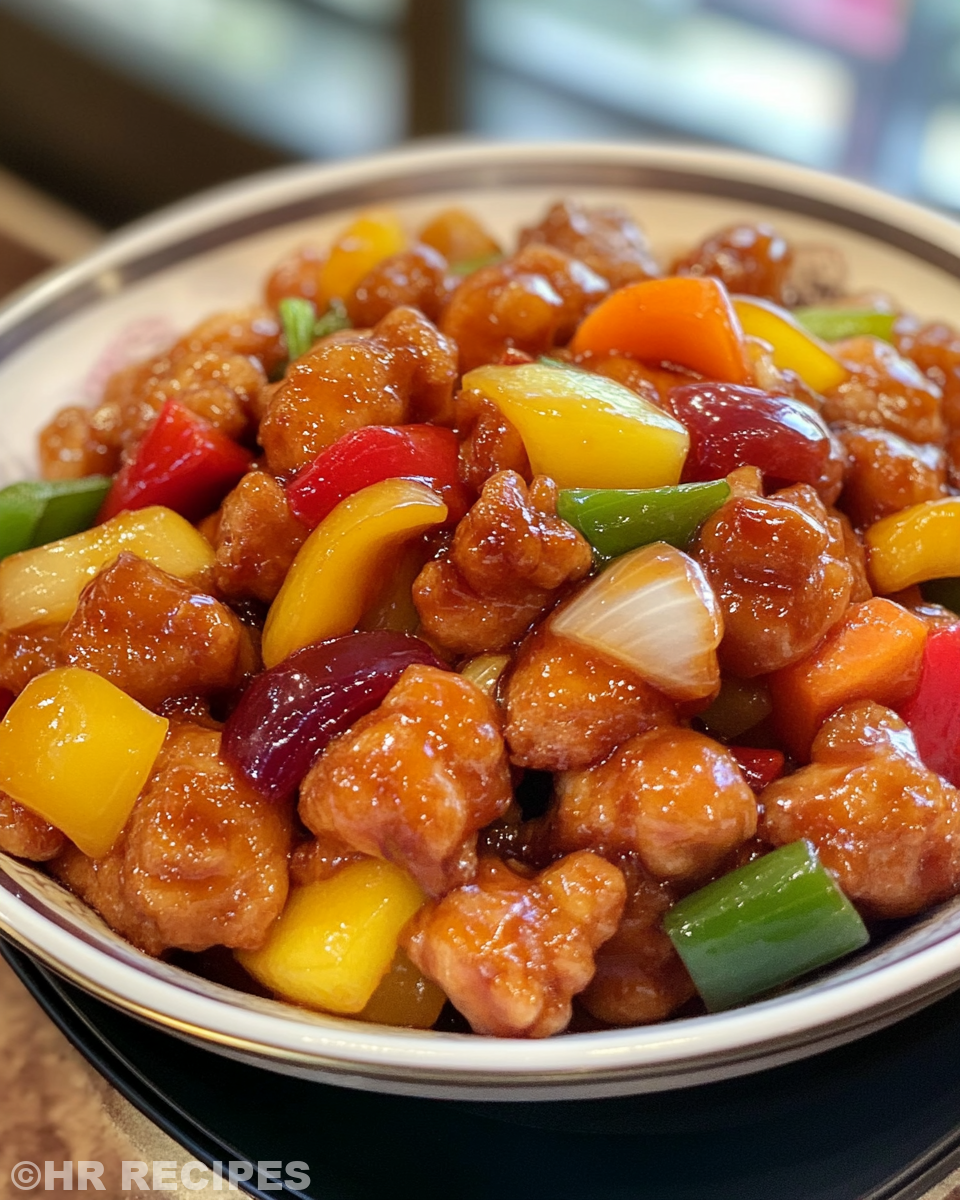Sweet and sour chicken served on plate over rice, ready to eat