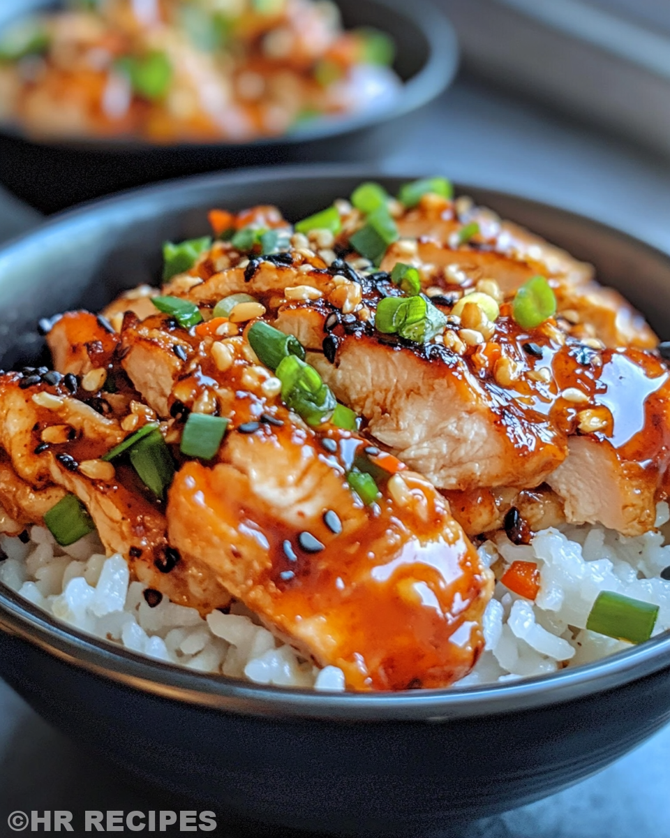 Ingredients for sweet chili chicken rice bowls including chicken, sauce, and fresh toppings